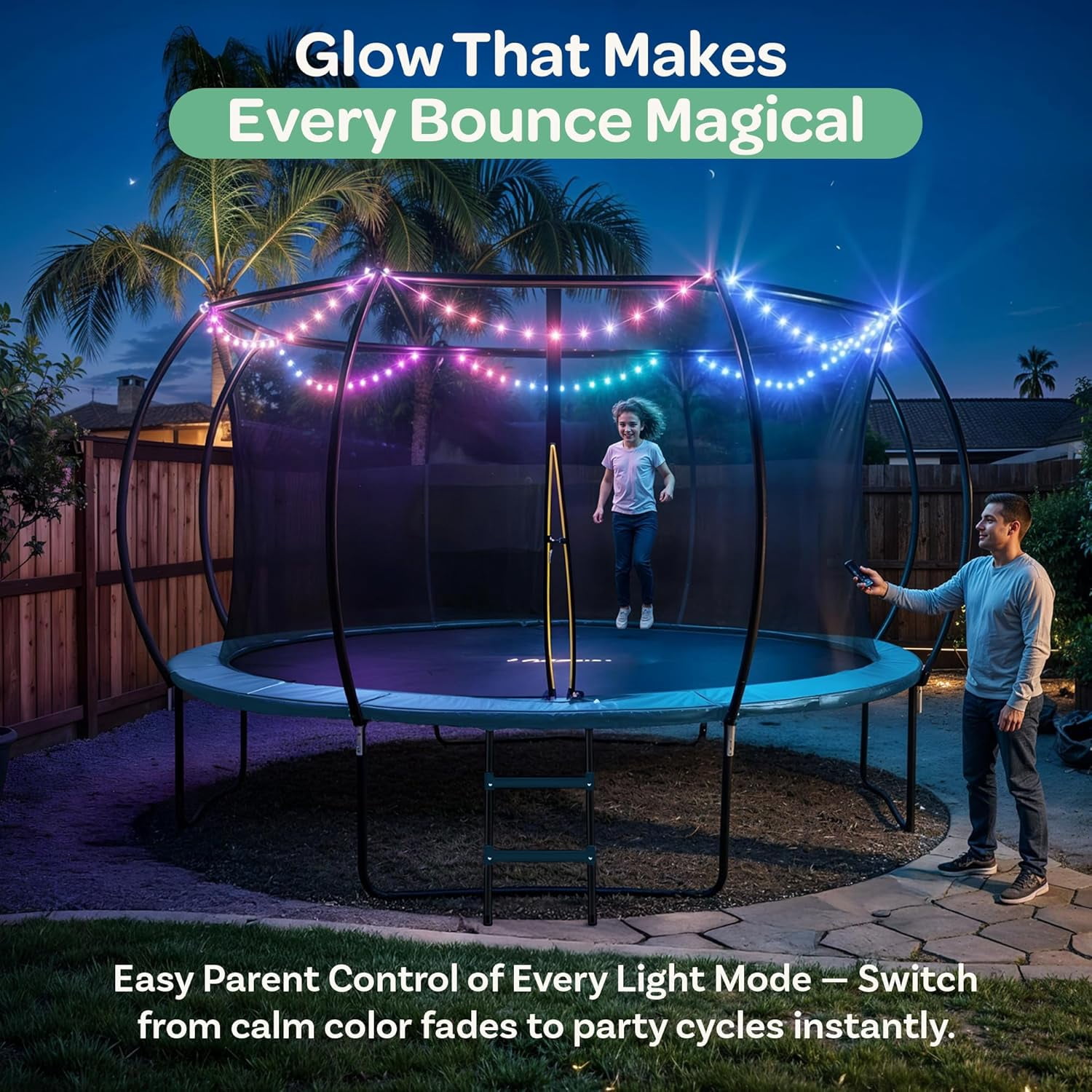 JoyBerri Outdoor Trampoline with Safety Enclosure, Ladder, LED Lights & Sprinkler – ASTM Certified, Rust-Resistant Steel Frame – Sizes 15F - Blue