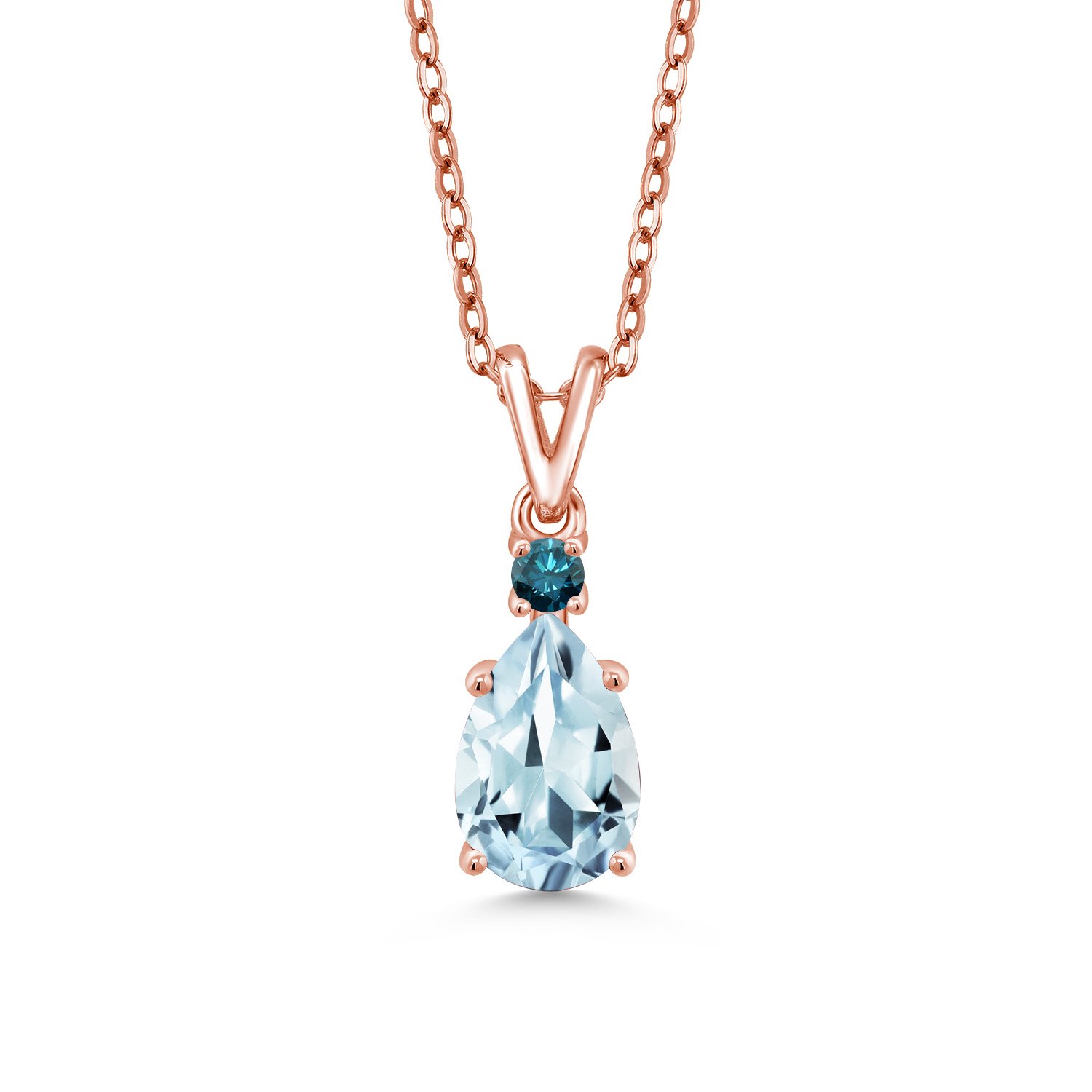 Gem Stone King 18K Rose Gold Plated Silver Sky Blue Aquamarine and Blue Diamond Pendant Necklace for Women (1.22 Cttw, Gemstone March Birthstone, Pear Shape 9X6MM, with 18 inch Chain)