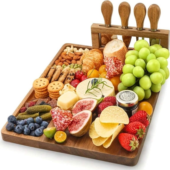 Wooden Cheese Board Set, Charcuterie Sets Cheese Tray Appetizer Board And Meat Platter, With 4 Stainless Steel Cheese Knives Easy To Carry