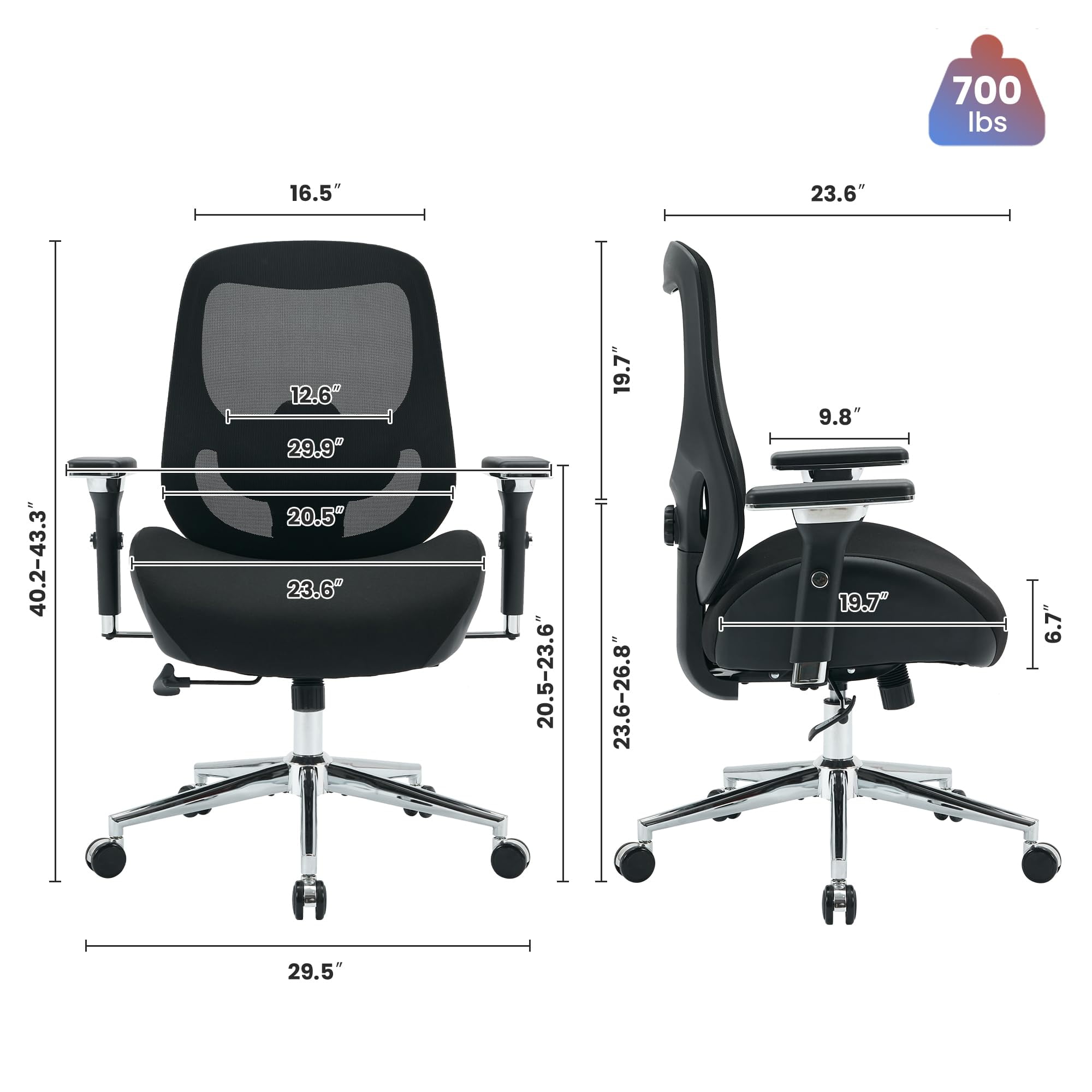 JONPONY 700lbs Big and Tall Office Chair with Wide Thick Seat Cushion, Ergonomic Mesh Desk Chair with Adjustable Lumbar Support, 4D Armrests, Black