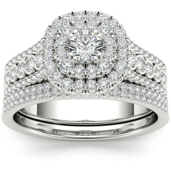 1 Carat T.W. Diamond Double Halo 10kt White Gold Engagement Ring Set