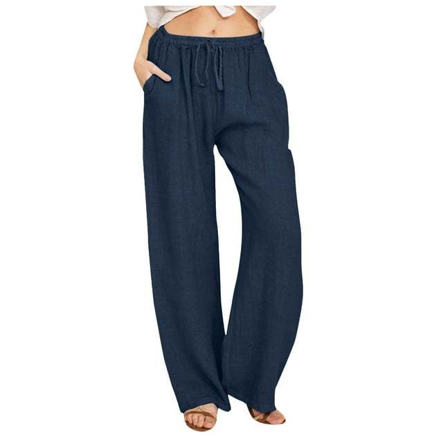 Women's Summer Linen - Look Wide Leg Palazzo Pants - Loose, Drawstring High Waist, with Pockets, Polyester, Solid Color, All - Season