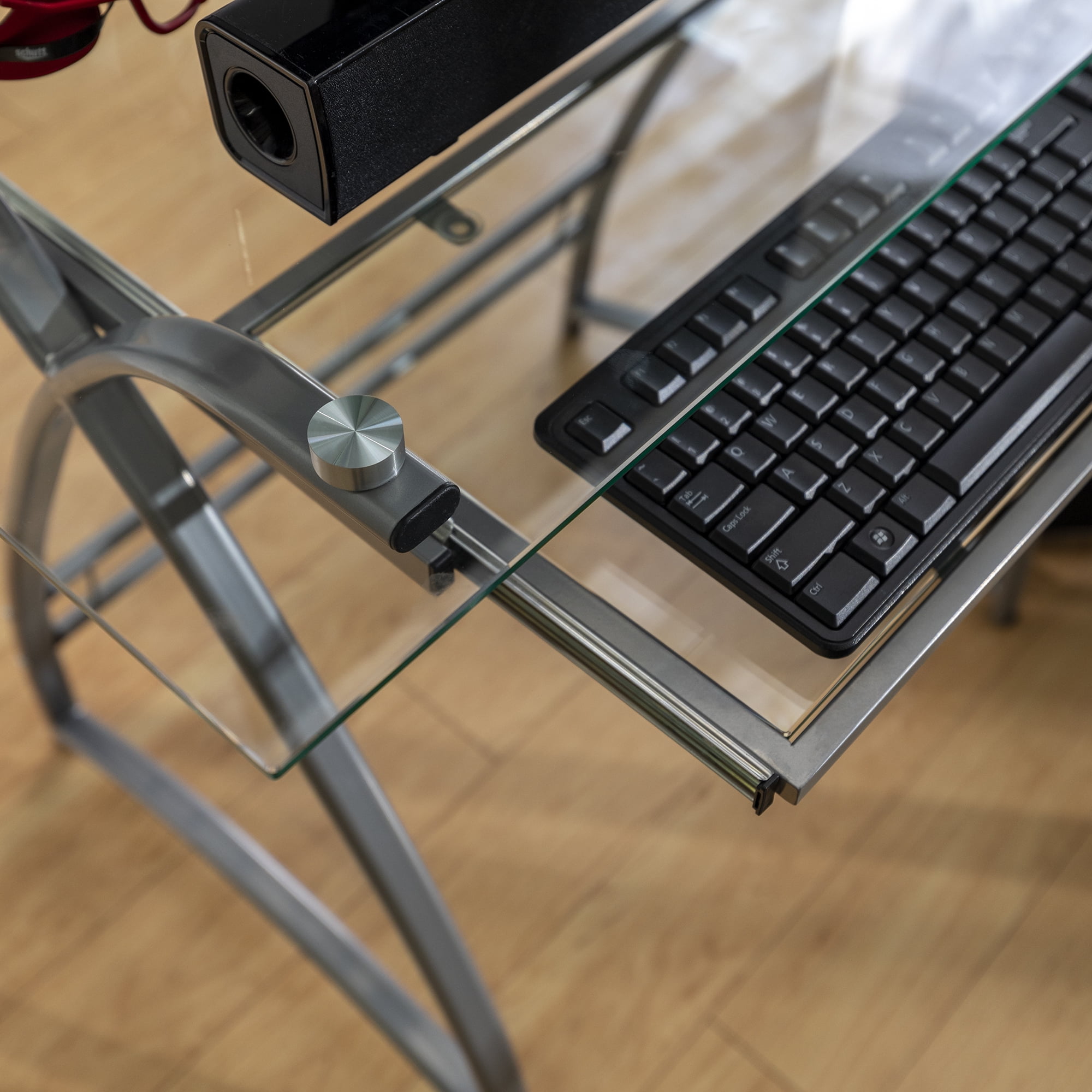 Walker Edison Glass L Shaped Computer Desk With Pull Out Keyboard