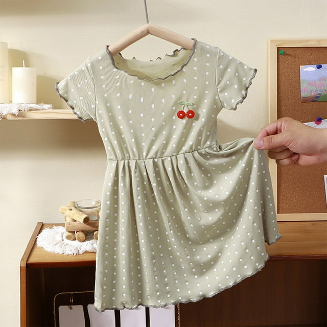 LOVZFMLL Female Kid Summer Short Sleeve Ruffled Lace Round-Neck Embroidery Mesh Princess Bow Skirt