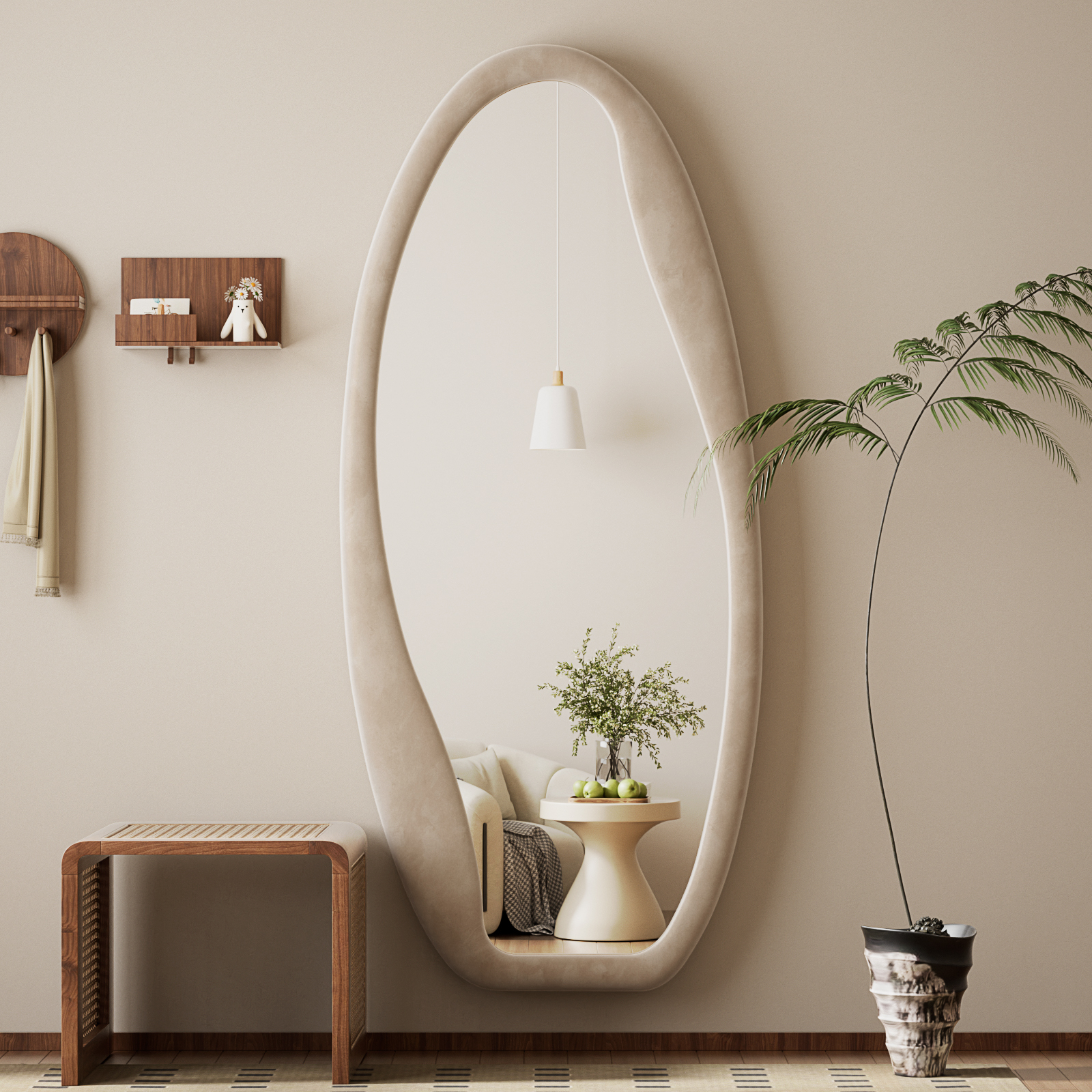 Anyrose 63"x24" Irregular Full Length Mirror Wavy Floor Mirror With Flannel Frame, White