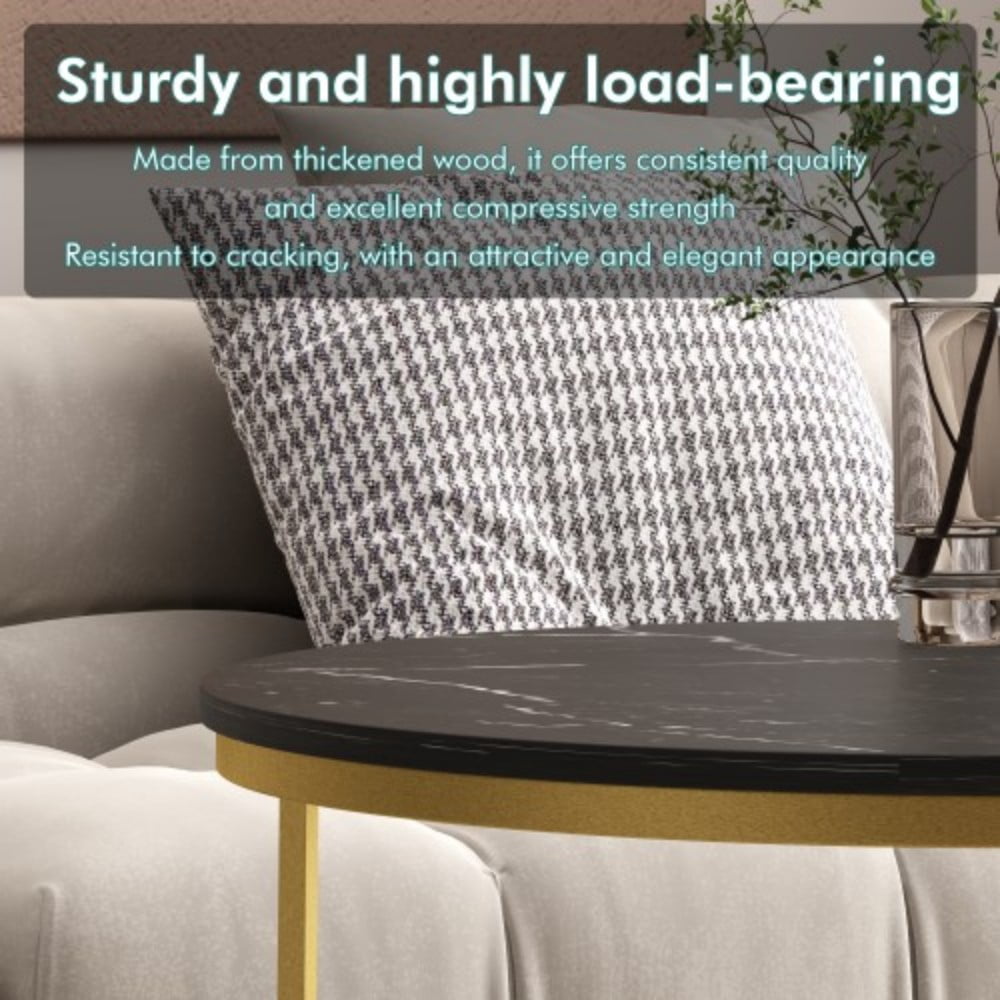 27.6" Nesting Coffee Table Set of 2, Round Wood Marble Pattern Top with Sturdy Metal Frame, Stackable End Tables for Living Room, Bedroom, Office, Black & Gold