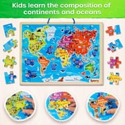 SYNARRY Large USA World Solar System Wooden Magnetic Puzzles for Kids Ages 3-8, Wood Puzzles Educational Games Toys Gifts for Toddlers, United States World Planet Space Map for Boys Girls