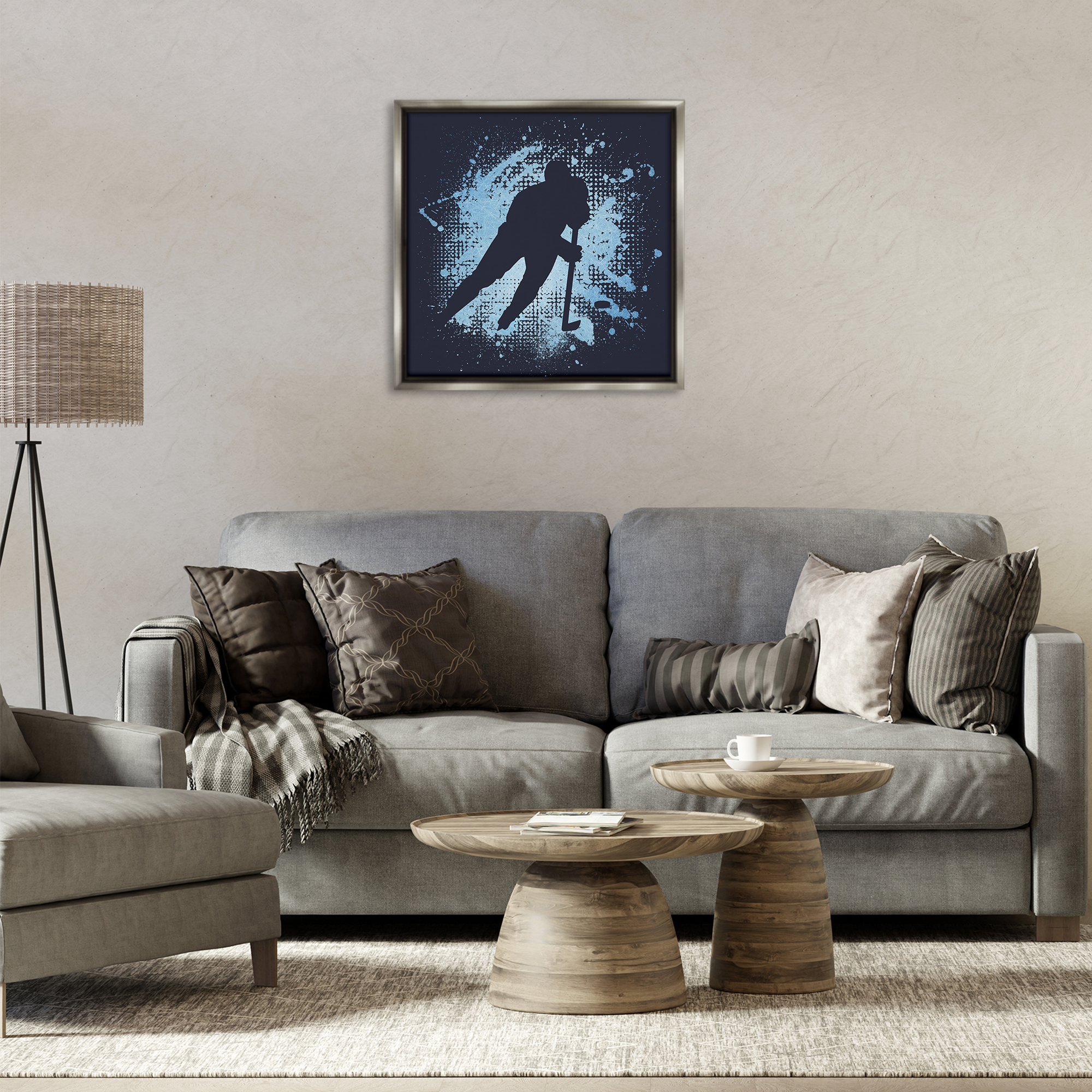Stupell Industries Hockey Stance Blue Splash Sports Painting Gray Floater Framed Art Print Wall Art, 25 x 25