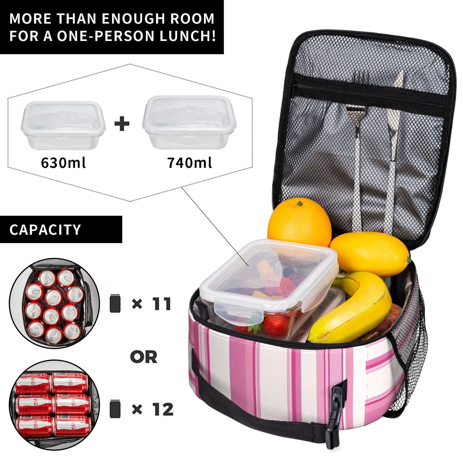 Lunch Bag For Women Men Insulated Portable Lunch Box Bento Box Office Picnic Travel Cooler Bag Pink Stripe_1