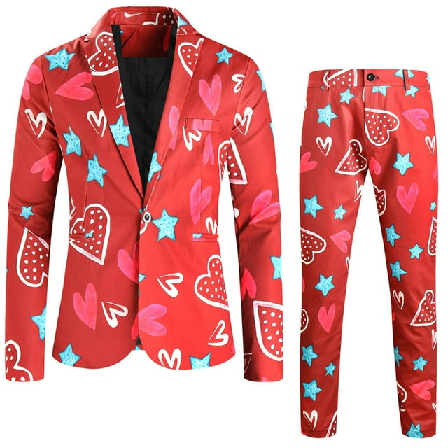 JHLZHS Mens Sweatsuit Mens Valentine Day Printing Dinner Date Suit Jacket Suit Pants Two Piece Suit Outfits for Men Small All White Outfits for Men Party