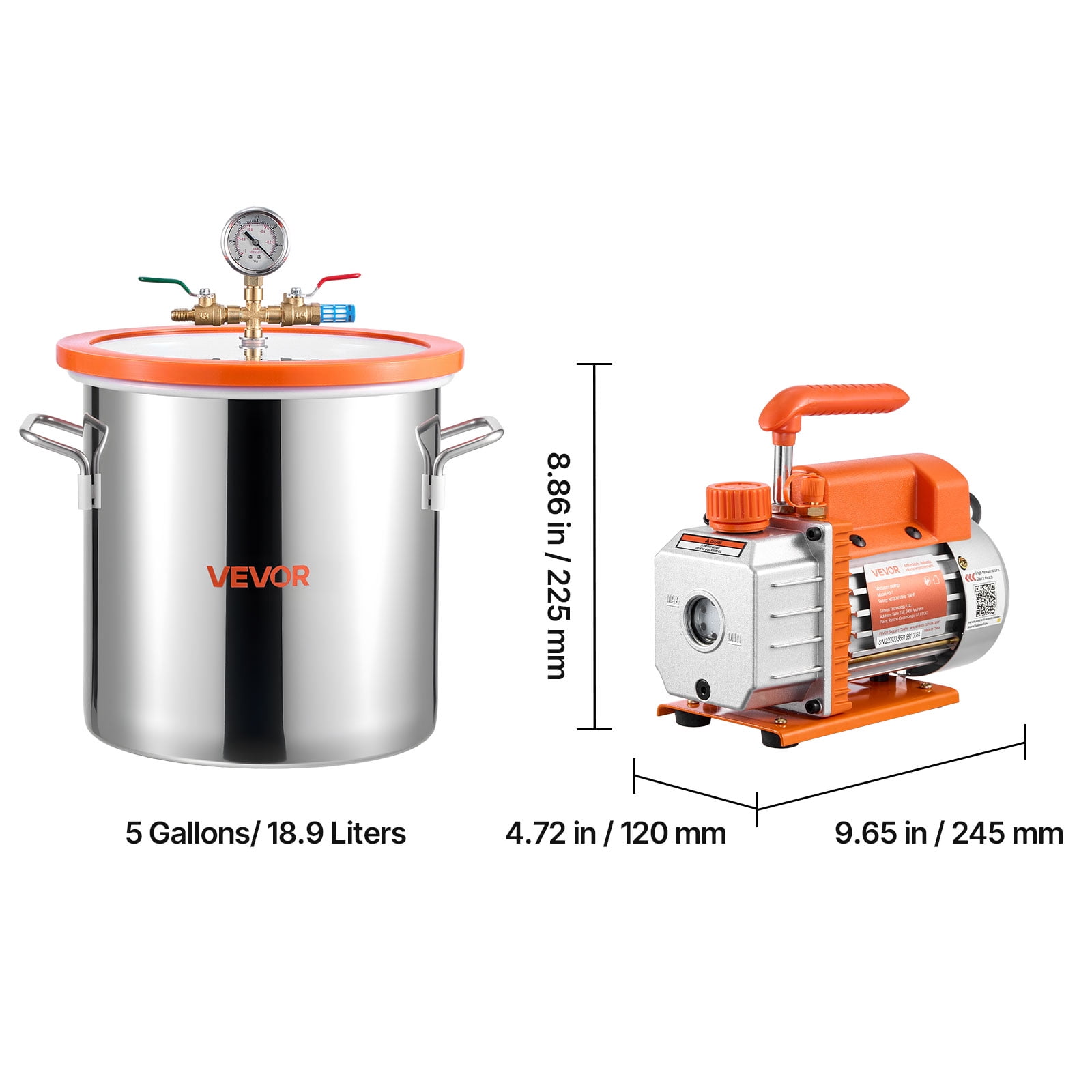 VEVOR 5 Gallon Vacuum Chamber with Pump, 3.5 CFM, Single Stage Vacuum Pump, Stainless Steel Degassing Chamber Kit with Tempered Glass Lid, 5 ft Hose, for Stabilizing Wood Degassing Silicone Resin