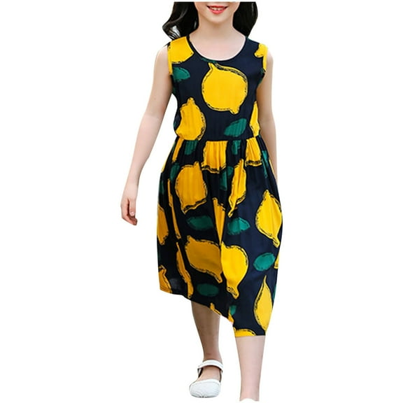 QTOCIO Toddler Girls Dresses, Baby Girl Summer Clothes, Children's Beach Dress Soft and Fashionable Printed Long Dress Sleeveless Dress, Navy A, 11 Years