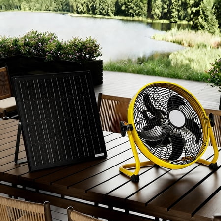 12" Yellow Solar Rechargeable Floor Fan,30W Adjustable Monocrystalline Solar Panel,Built-in 1500mAh Battery,3-Speed Remote Dual Power Fan for Home Room,Backyard Camping & Greenhouse
