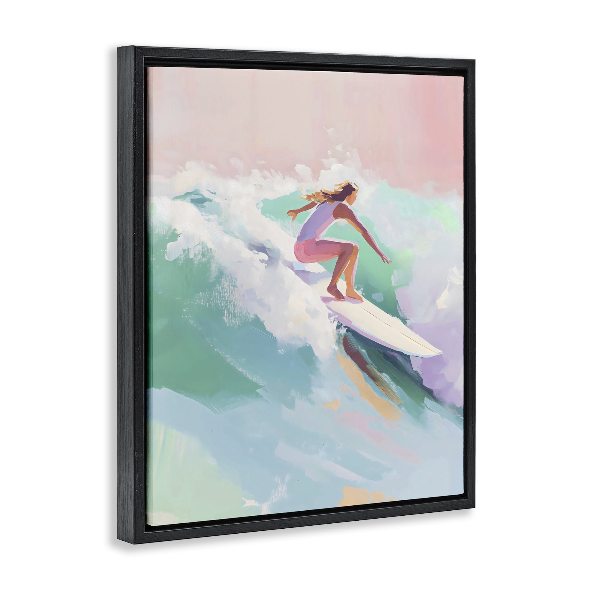 Stupell Industries Surfer Girl Riding Waves Black Framed Floater Canvas Wall Art, design by The Prints Vibe