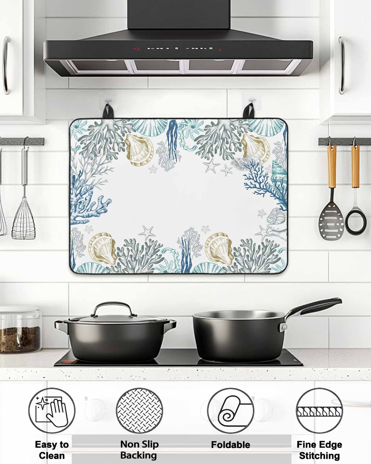 Stove Top Covers for Electric Stove, Coastal Glass Stovetop Cover Protector, Ocean Coral Shell Turquoise Blue Conch Induction Cooktop Protector Oven Mat for Kitchen Countertop 24"x21"