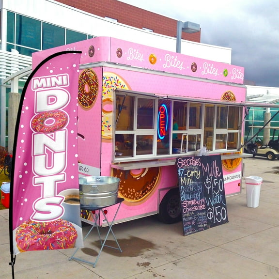 QSUM Mini Donuts Sign Feather Flag with Pole Kit,7FT Mini Donuts Decoration Display, Mini Donuts Business Sign,Mini Donuts Swooper Flag