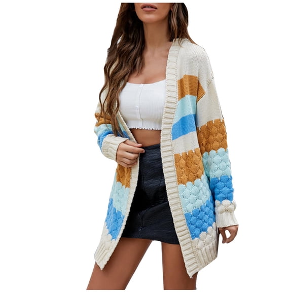 Ozmmyan Women's Solid Color Recreational Lapel Mid-length Cardigan Stripe Sweater Coat