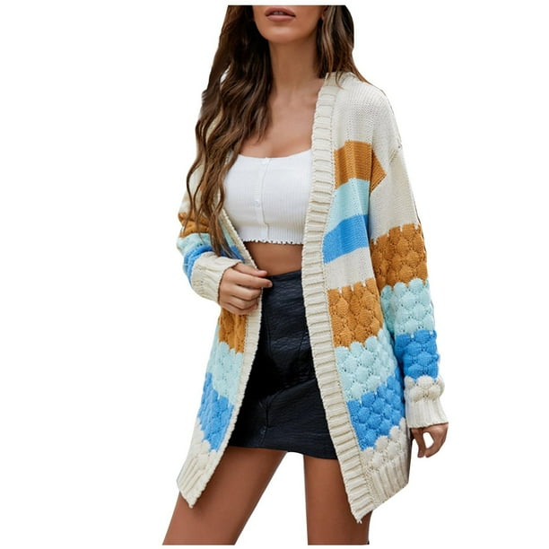 Chaqueta de punto a rayas de longitud media con solapa recreativa de color liso para mujer Pompotops qwe21756