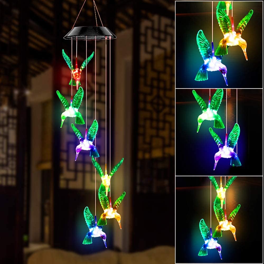 Color-Changing LED Solar Powered Hummingbird Wind Chime Lights Yard Garden Decor