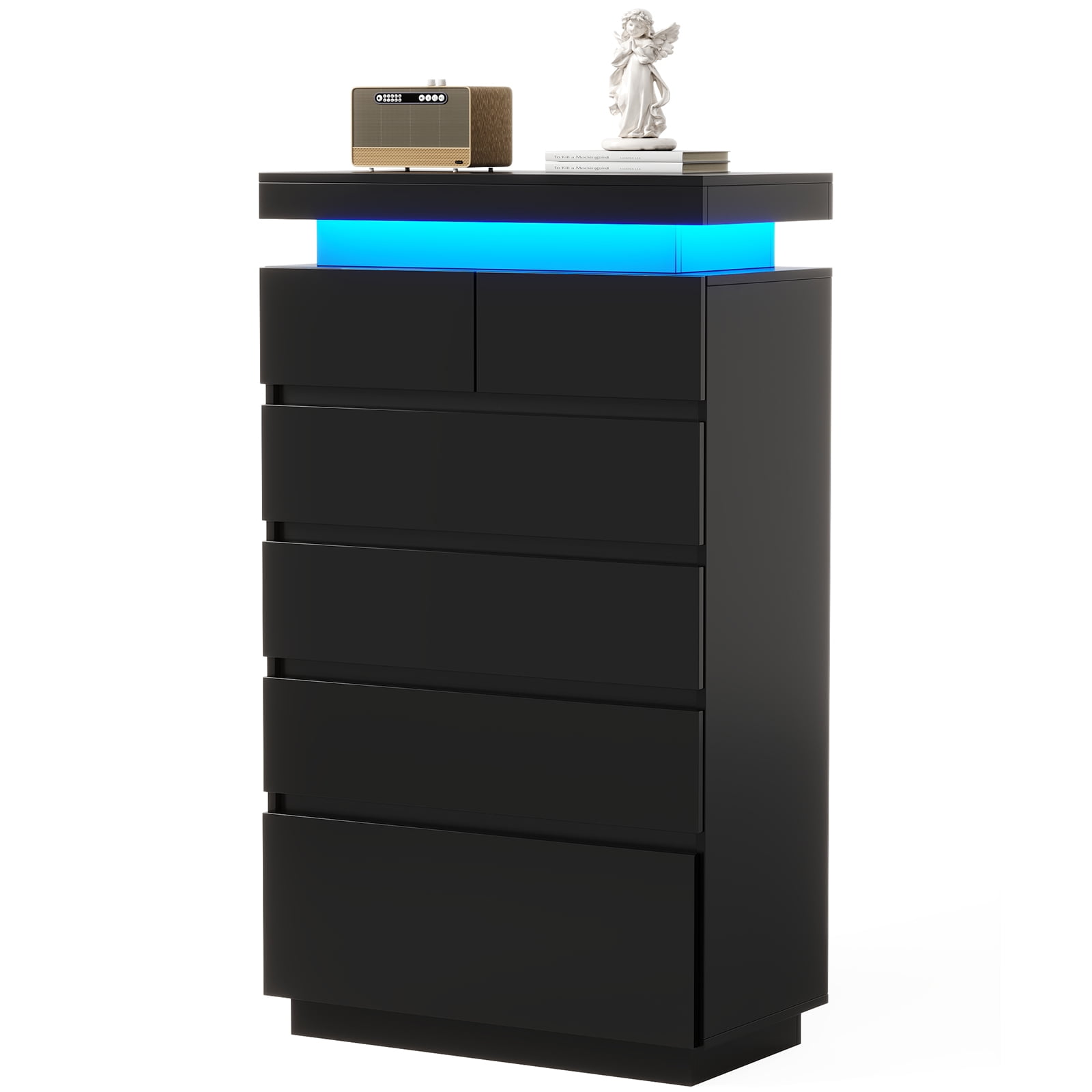 6 Drawers Dresser, Modern Tall Dresser for Closet with Adjustable LED Lights, High Gloss Chests of Drawers, Wood Storage Cabinet for Bedroom, Entryway, Living Room, Dressing Room, Black