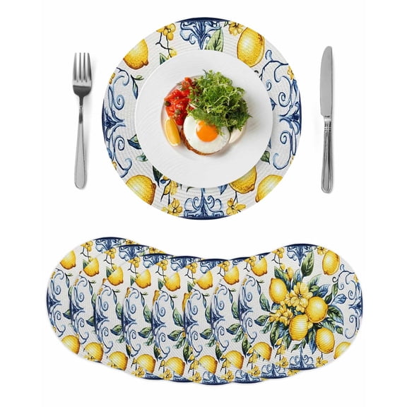 Yellow Lemon Round 13 Inch Placemats Set of 8, Middle Century Blue Italian Textured HeatResistant Non Slip Place Mats for Dining Table, Wipeable Braided Kitchen Table Mats for Housewarming