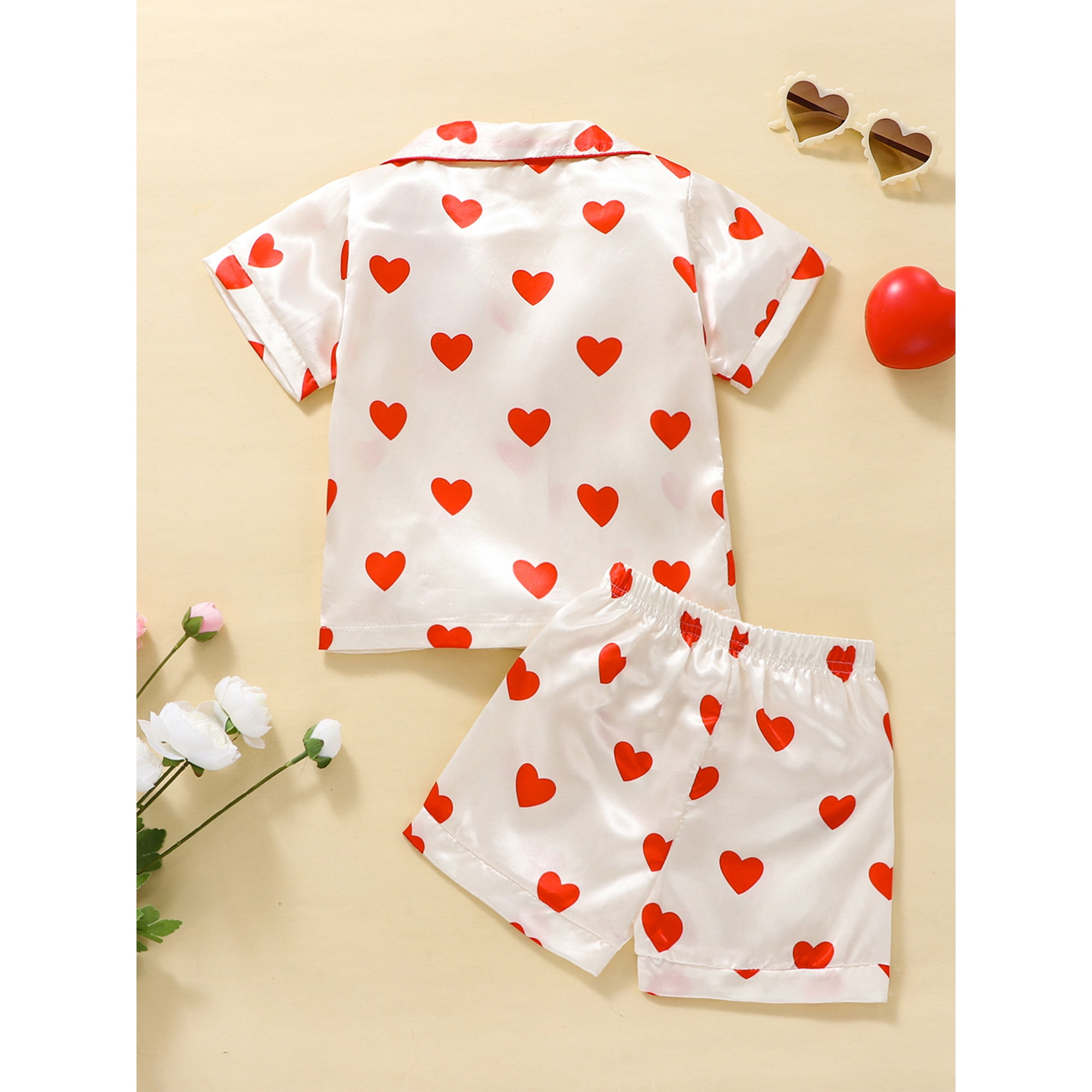 Boiiwant Kids Girls Summer Pajamas Outfits 1T 2T 3T 4T 5T 6T 7T Toddle Girls Sleepwear Loungewear Heart Print Turn Down Collar Short Sleeve Tops and