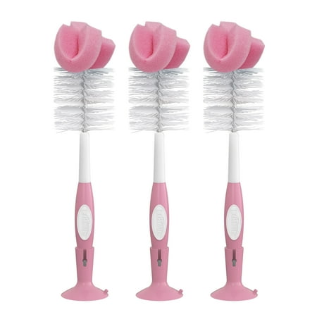 Dr. Brown's Baby Bottle Brush with Suction Cup Stand, Sponge, Scrubber and Nipple Cleaner Pink, 3 Pack