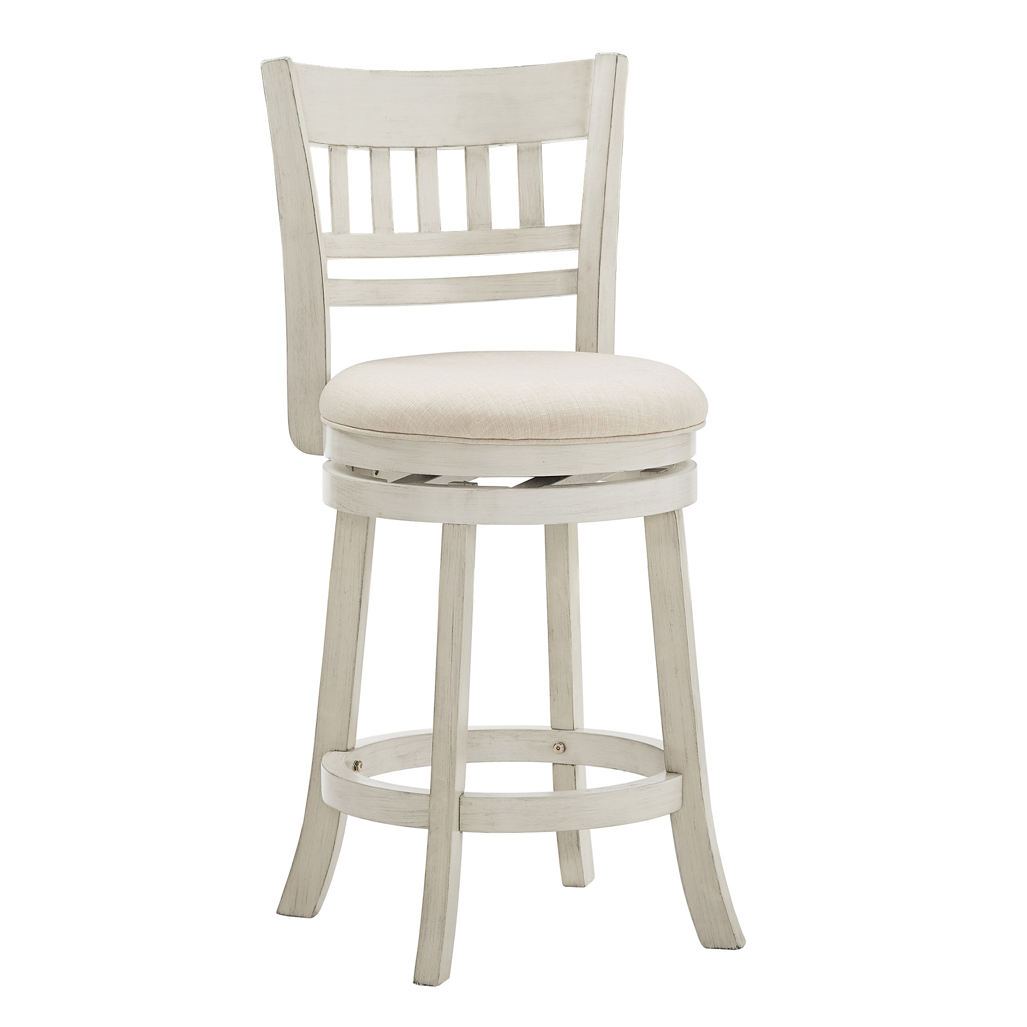 Weston Home Shapel Lattice Back 24"H Swivel Counter Height Stool, Antique White Finish, Beige Linen