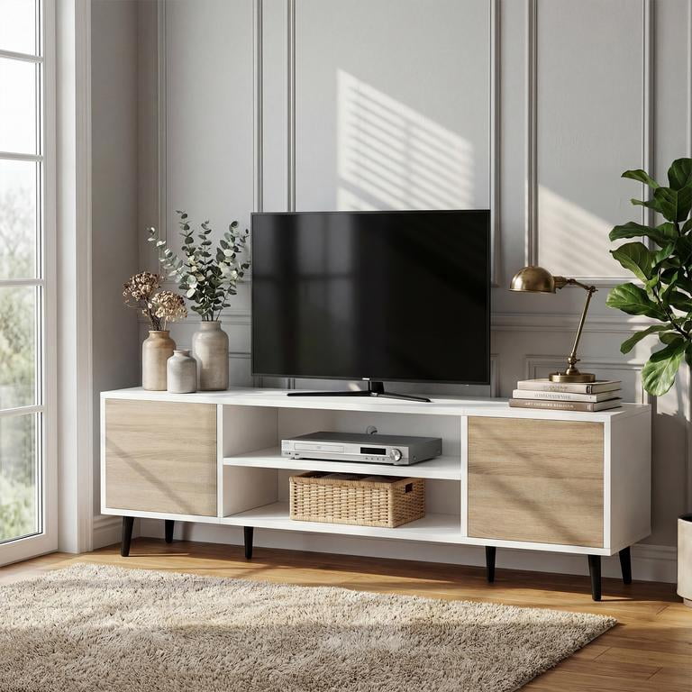 Vineego TV Stand for 65 Inch TV with 2 Push-to-Open Doors, Mid-Century Modern Media Console with Open Shelves, Entertainment Center for Living Room Bedroom, Beige & White