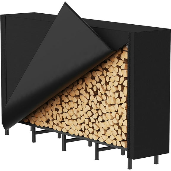 Outdoor Indoor Firewood Storage Holder with Cover, Heavy Duty Metal Log Stacker Rack for Fireplace, Black Waterproof Oxford Fabric, Adjustable Wood Pile Lumber Storage Carrier Organizer Stand