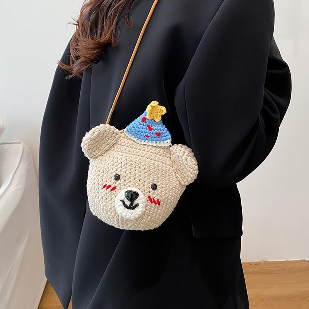 Baguery Handmade Crochet Party Hat Bear Crossbody Bag - Cute Knitted Animal Purse with Metal Frame, Mini Shoulder Bag for Women