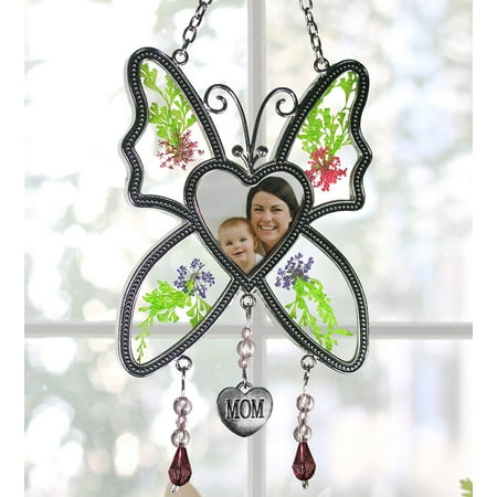 Flowers Suncatcher - Butterfly Suncatcher - Mom Butterfly with Pressed Flowers and a Heart Shaped Picture Opening - Mother Sun Catcher