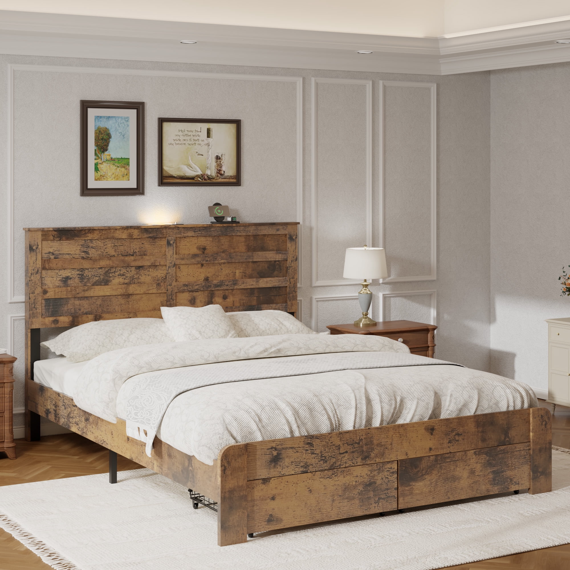 Mintazer Farmhouse&nbsp;Queen Bed Frame with 2 Storage Drawers, Wooden Platform Bed with LED Headboard & Charging Station, No Box Spring Needed, Brown