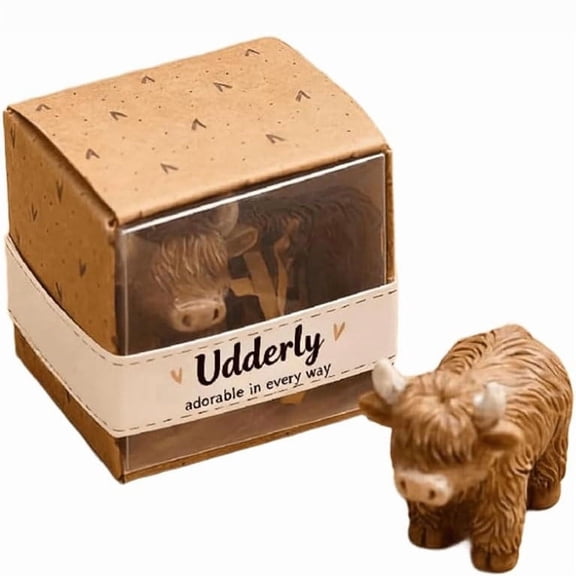 Hovilon Cute Highland Cow Mini Figurine - Adorable Pocket Size Animal Ornament in Box, Rustic Farm Animal Desk Decor for Home Office Shelf, Small Collectible Keepsake Gift for Animal Lovers