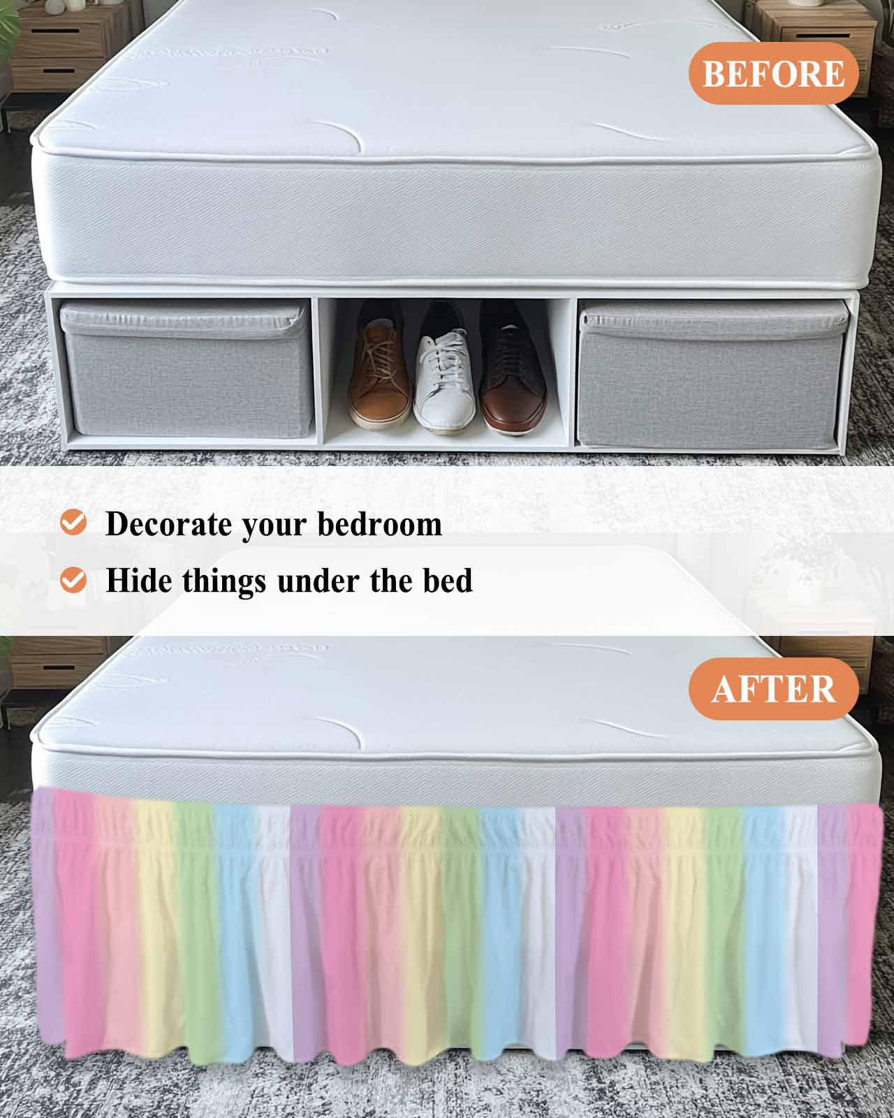 Rainbow Stripes Wrap Around Bed Skirts for Queen Bed 16" Drop,Bed Skirt with Adjustable Elastic Belt Dust Ruffle Bed Valance for Bedroom Hotel Modern Colorful Cream Striped Aesthetics Bed Frame Cover