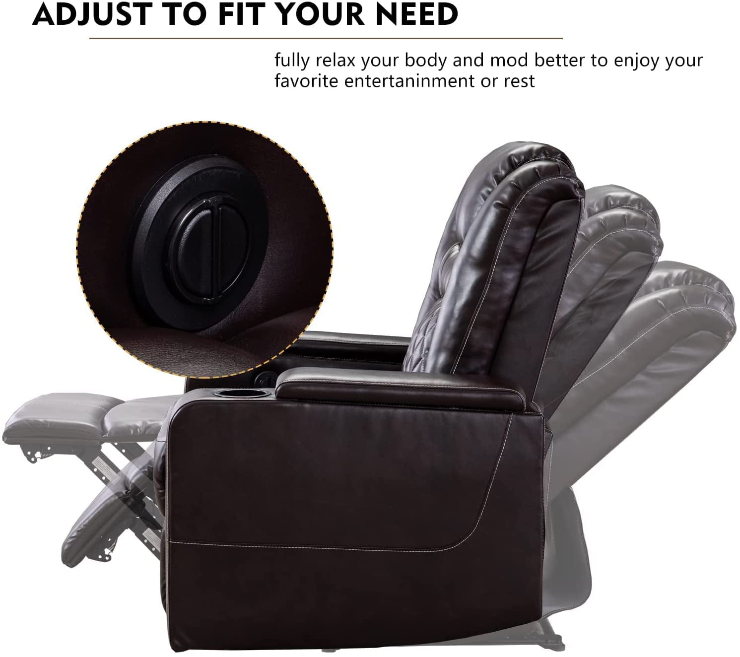 Bonzy Home Electric Recliner Chair, Leather Home Theater Seating, Living Room Chair with USB Ports and Cup Holders Brown