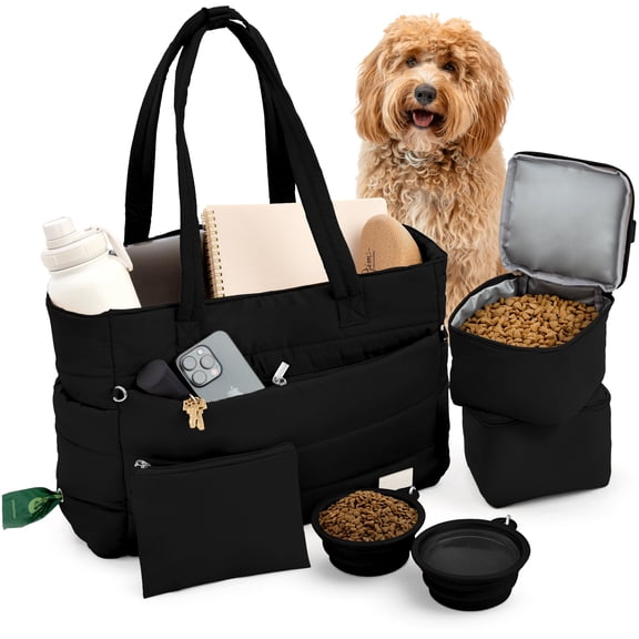 rubyloo Puffer Dog Travel Bag – Black Large Quilted Tote with Pet Bowls & Food Storage