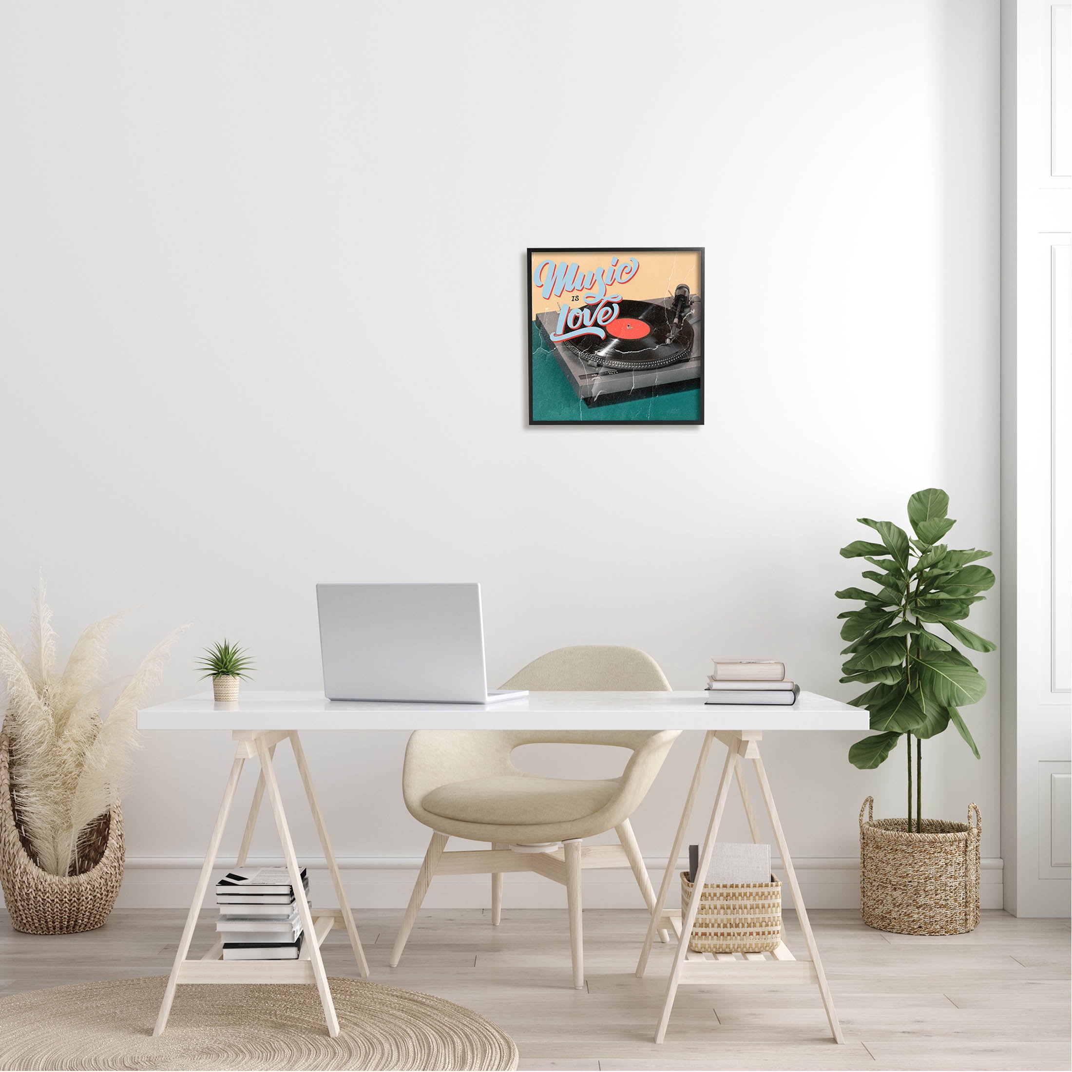 Vintage Music Is Love Turntable Inspirational Graphic Art Black Framed Art Print Wall Art
