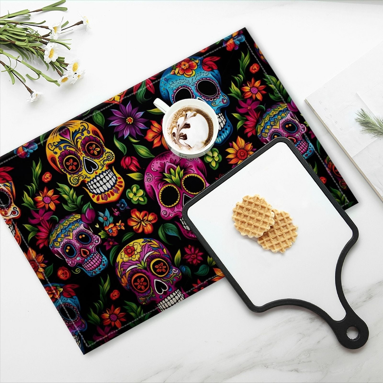 BaHomeck placemats Set of 4 rectangle Linen Cotton Placemats for Dining Table Washable Heat Resistant,18*12inch,Colorful Skulls And Flowers Set Against A Black Background