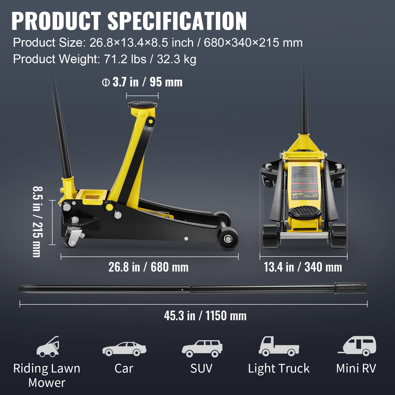 KFFKFF Low Profile Floor Jack,2.5 Ton (5500 lbs) Slim Profile, Durable Steel Race Car Jack, Dual Piston Rapid Pump,Lifting Range 3.64"-19.49"