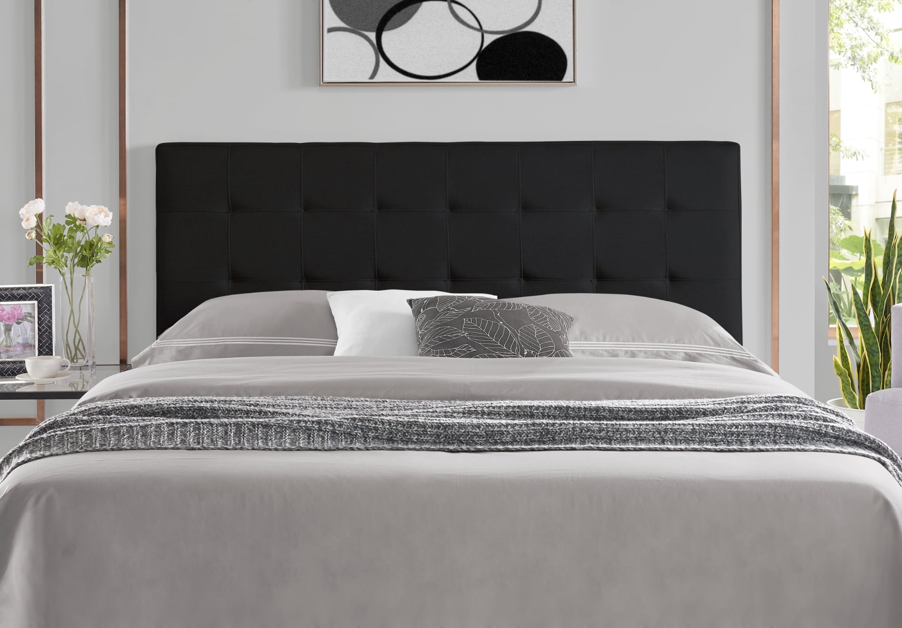 Jessenia Full size headboard only, Height Adjustable Full Size Bed Headboard, Square Tufted Headboard with 12 Positions, Metal Legs, Wall/Bed Mount, Linen Fabric headboard Full in Black