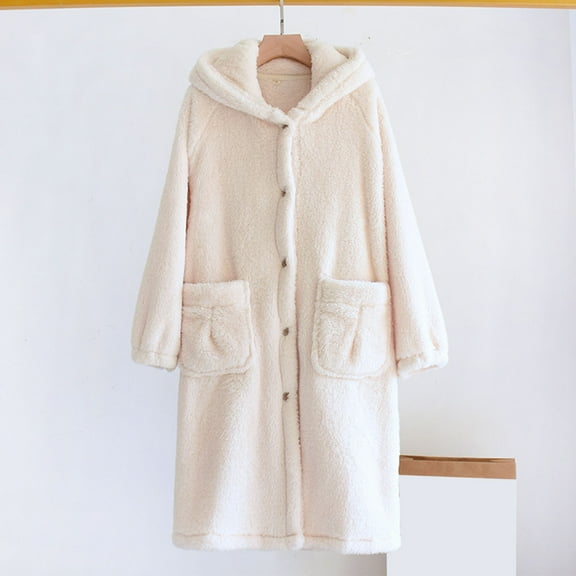 jobturf Womens Plush Robe Casual Soft Fluffy Long Sleeve Bathrobe Winter Button Down Warm Fleece Hooded Loungewear with Pockets