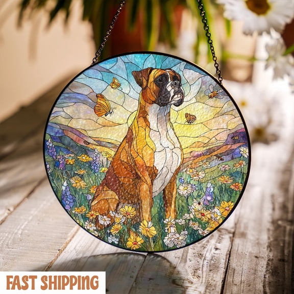 Boxer Dog Glass Suncatcher, Wildflower Dog Memorial Pet Loss Sympathy Gift and Home Decor, 3.5 in