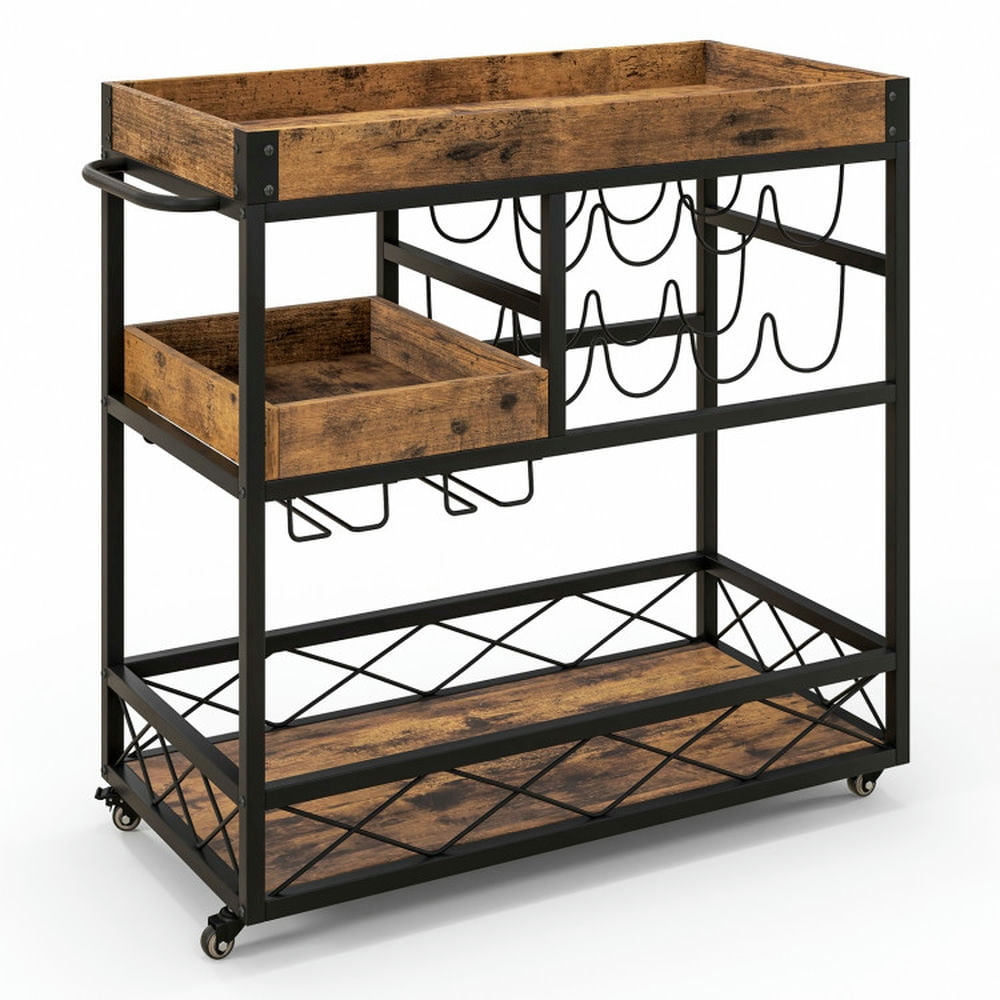 Finihen Rolling Cart, Kitchen Island Cart, 3-Tier Rolling Bar Cart with Removable Tray and Wine Rack, for Kitchen, Dining Room, Rustic Brown Finihen Rolling Cart, Kitchen Island Cart, 3-Tier Rolling Bar Cart with Removable Tray and Wine Rack, for Kitchen, Dining Room, Rustic Brown