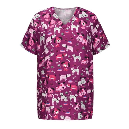 

Funicet Christmas Shirts for Women Scrubs Tops Plus Size Working Uniform With Pockets Short Sleeve V-neck Nursing Uniform Printed Loose Blouse Tunics