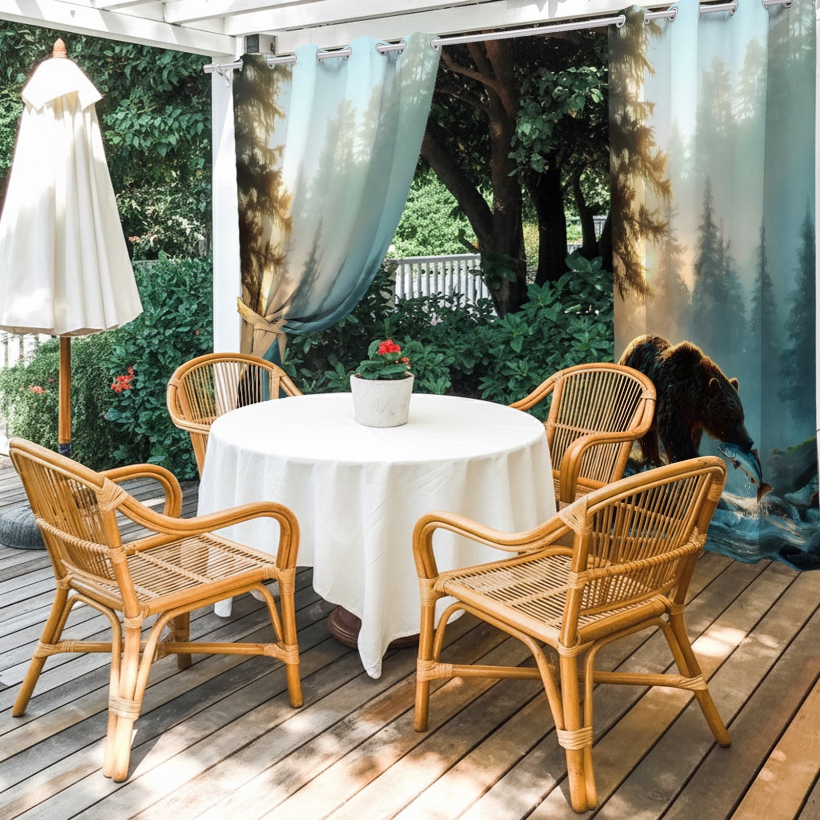 Bear Fishing Outdoor Curtains for Patio, Forest Stream Animals Sunshade Privacy Drapes Grommet Waterproof Outside Curtains for Porch/Cabana/Balcony 54"x 108", 1 Panel