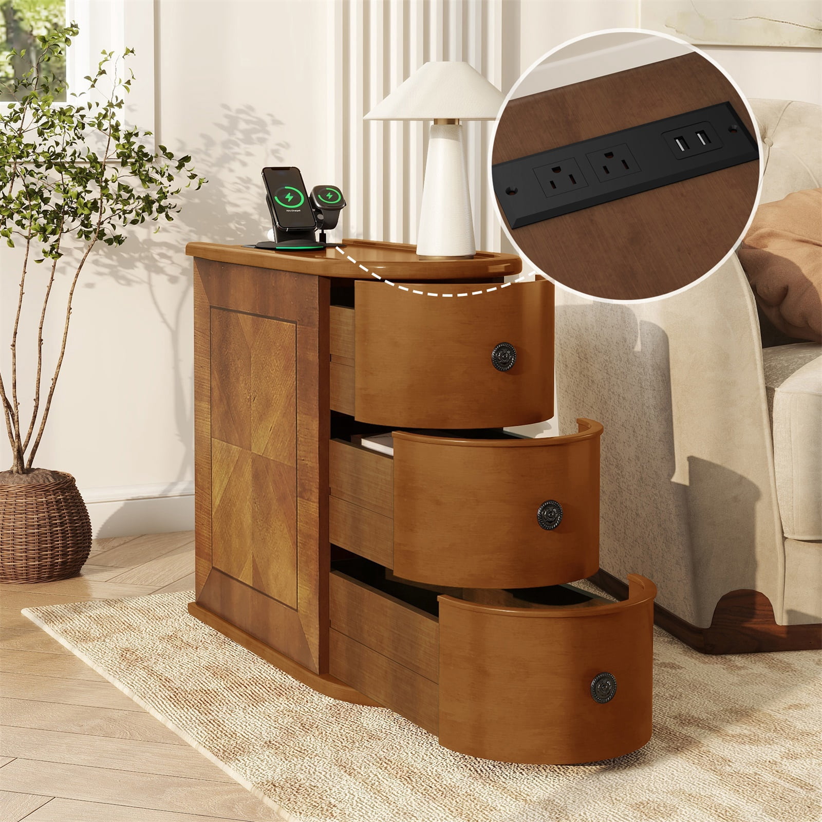 Hommoo Vintage Wood End Table with Charging Station, 3 Drawers Sofa Side Table Nightstand for Bedroom, Living Room, Closet, Walnut