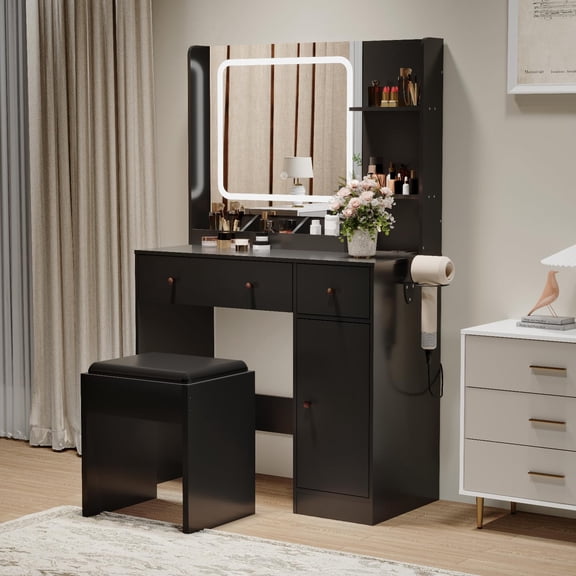 Kicctian Vanity Desk with Lighted Mirror and Power Outlet, Makeup Vanity Table Set with Drawers Shelves Cabinet and Chair, Bedroom Dressing Table,Black