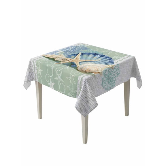Blue Coastal Starfish Table Cloth, Waterproof Tablecloth for Square Tables, Grey Sage Green Nautical Coral Summer Reusable Washable Fabric Table Cover for Restaurant Kitchen Dining Tables 54"x54"