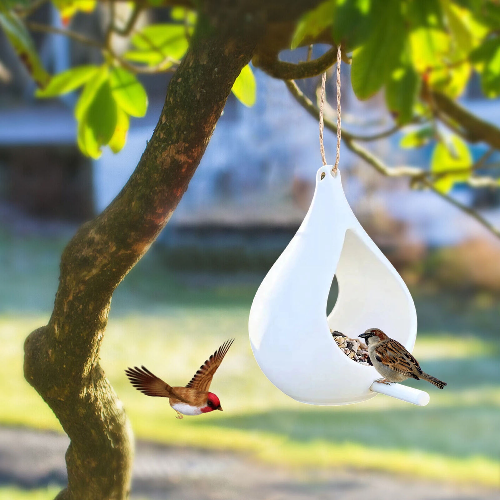 Handcrafted Hanging Fly-Through Feeder for Outdoor Garden & Backyard, Glass Bird Feeder, Decorative Wild Bird Feeder with Steel Wire Cable for Attracting Wilds Birds